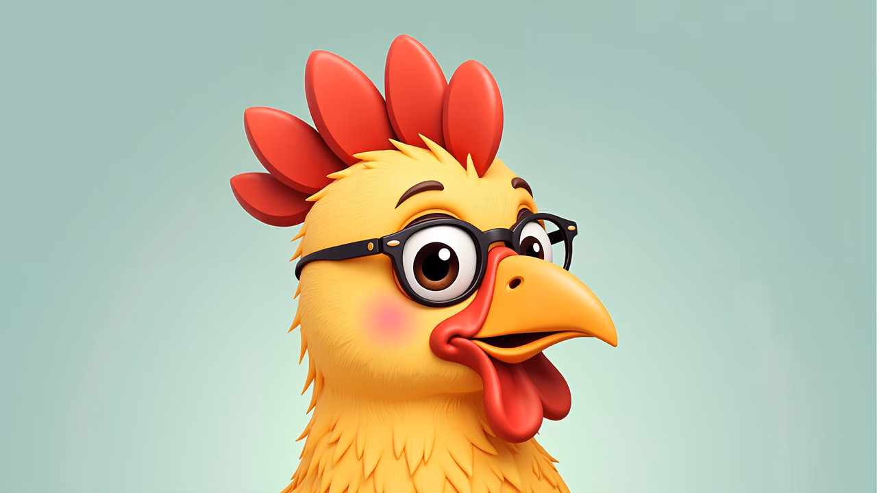 A quirky cartoon chicken wearing glasses, set against a soft teal background.
