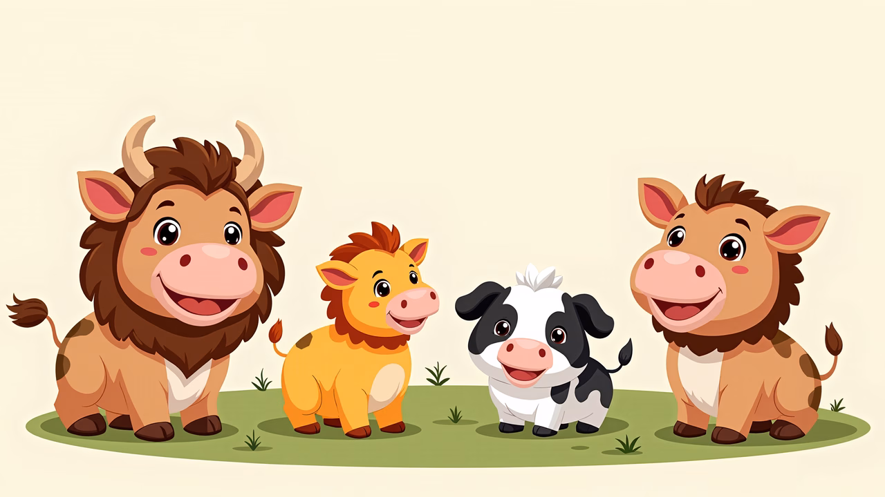 A cute cartoon cow family standing together in a cheerful scene.