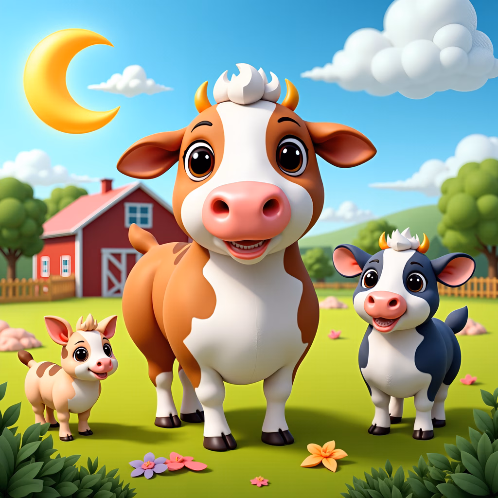 A cute cow family in a peaceful farm setting.