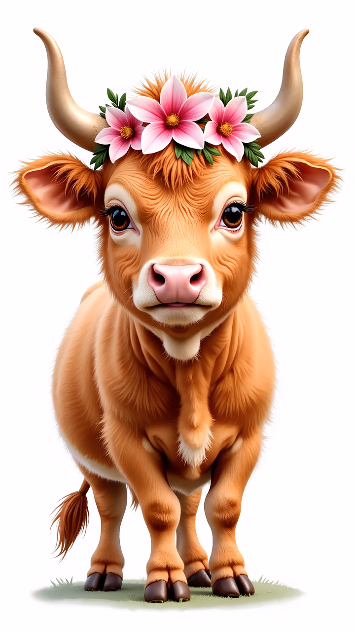 A cute cow wearing a floral crown, perfect for a lighthearted design!