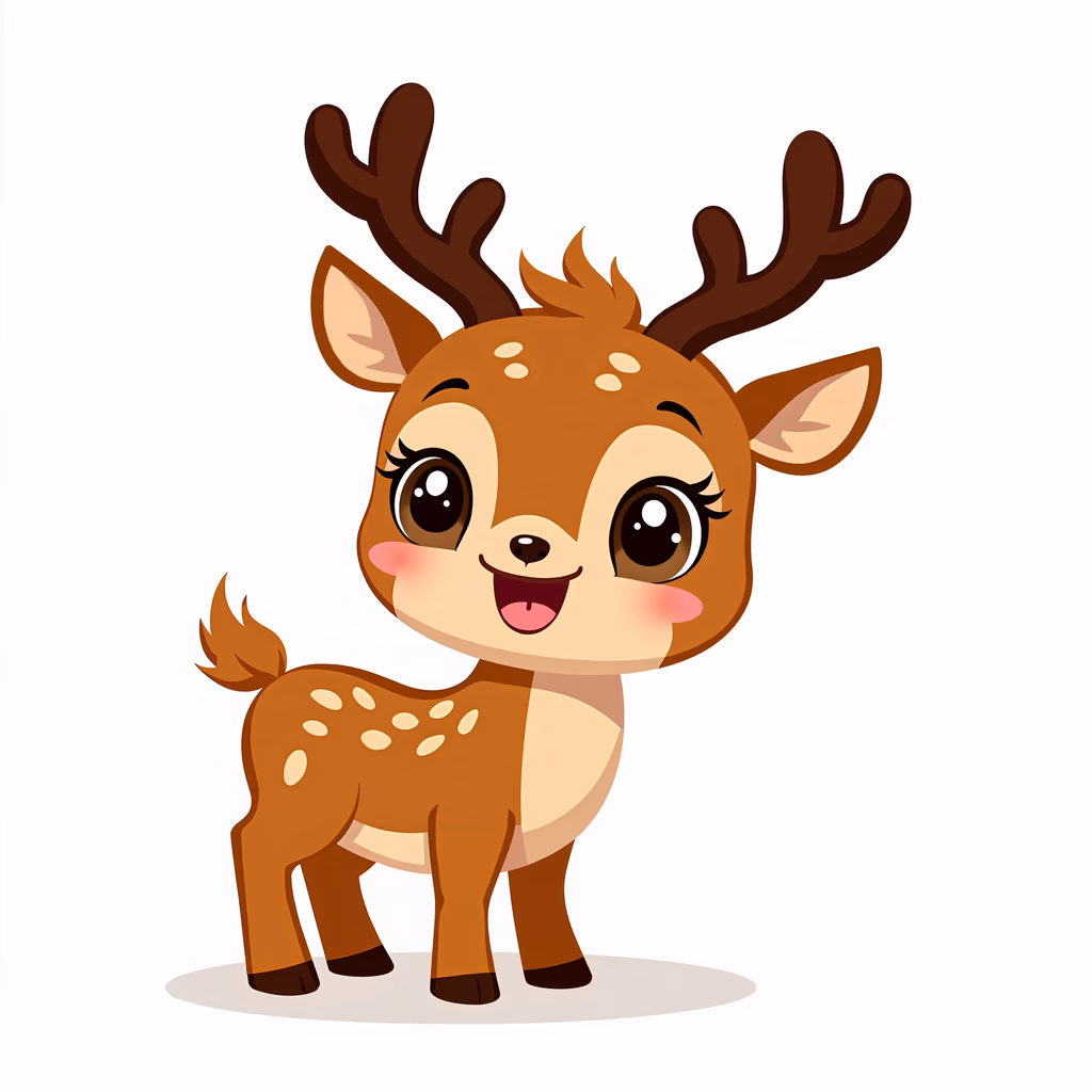 Cute cartoon deer with big eyes and a happy expression.
