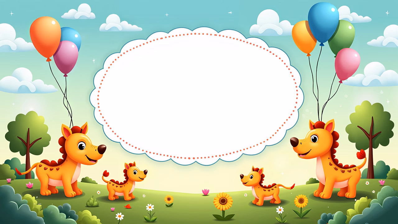 A cute dinosaur family in a colorful, sunny meadow with balloons and flowers.