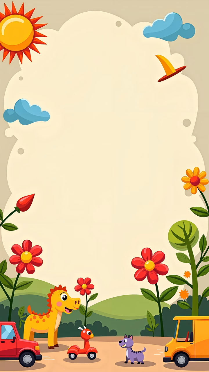 A cheerful dinosaur surrounded by flowers and toys under a sunny sky.
