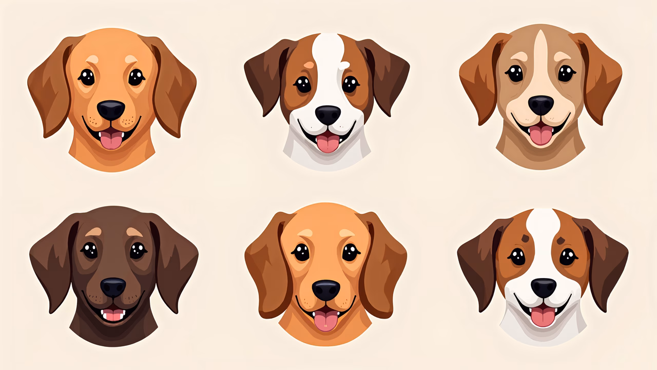 Six cartoon dogs with varied expressions and fur colors, arranged in a grid.