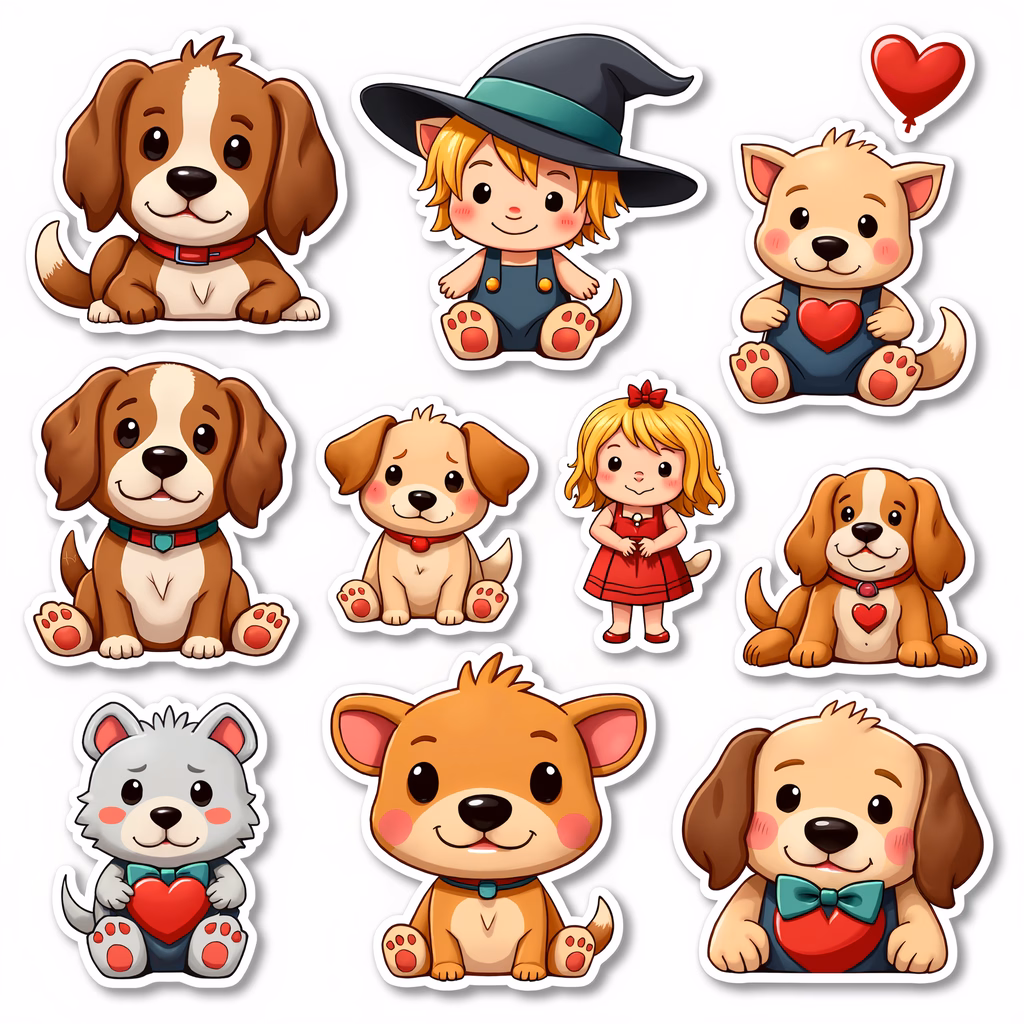 Cute cartoon dogs and witch in a whimsical setting.
