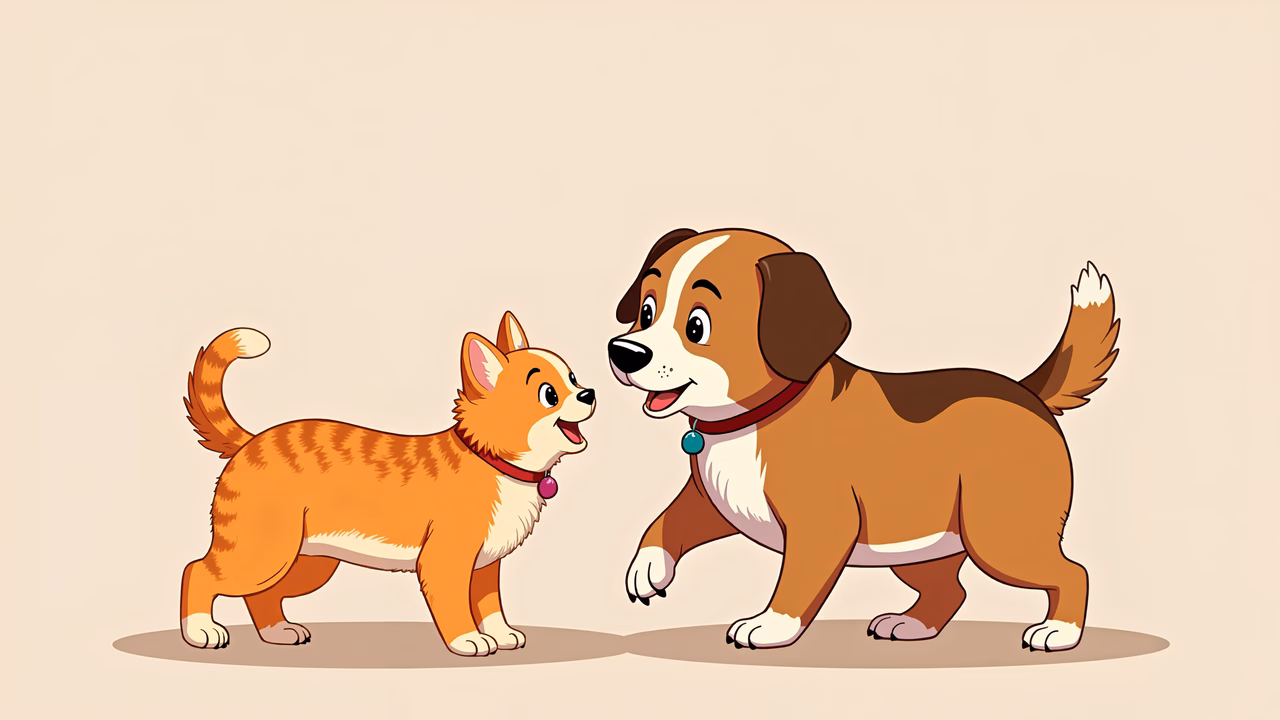 Two cute cartoon dogs interacting in a friendly manner.
