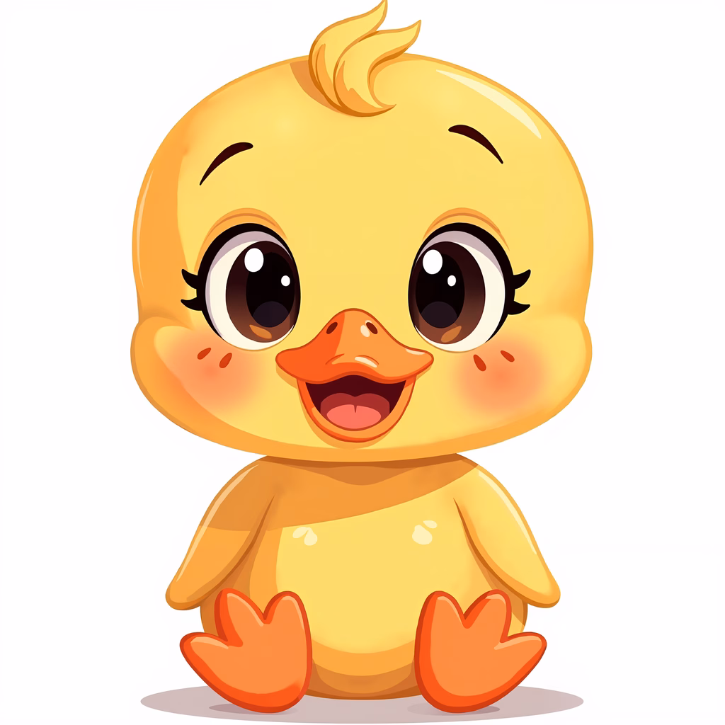 Brightly colored cartoon duckling with big eyes and a joyful expression.