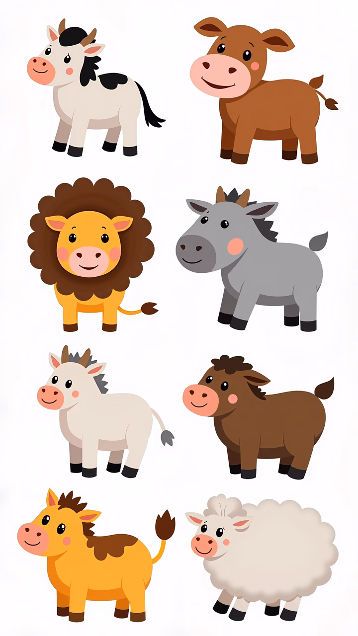 Cute cartoon farm animals with friendly expressions and vibrant colors.
