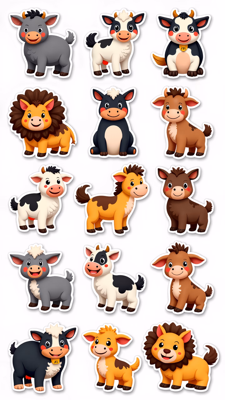 Brightly colored cartoon farm animals designed for children's entertainment.