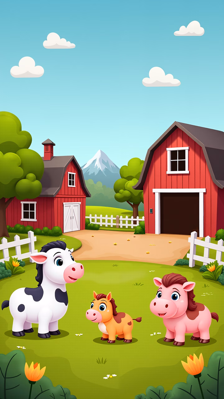 A delightful cartoon farm scene featuring three horses and a picturesque landscape.