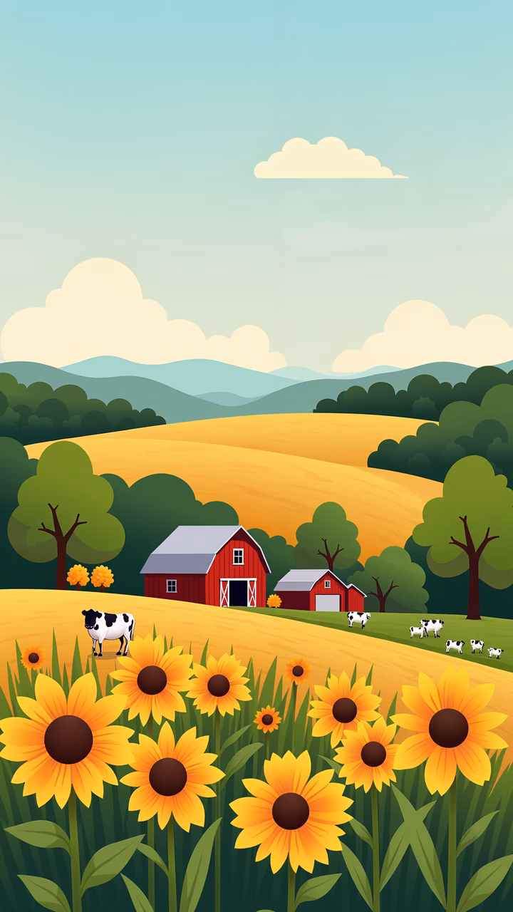 A peaceful farm scene with sunflowers and a red barn under a clear sky.