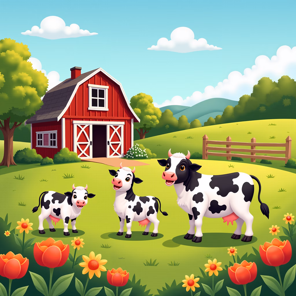 Brightly colored cartoon farm scene with cows and flowers.