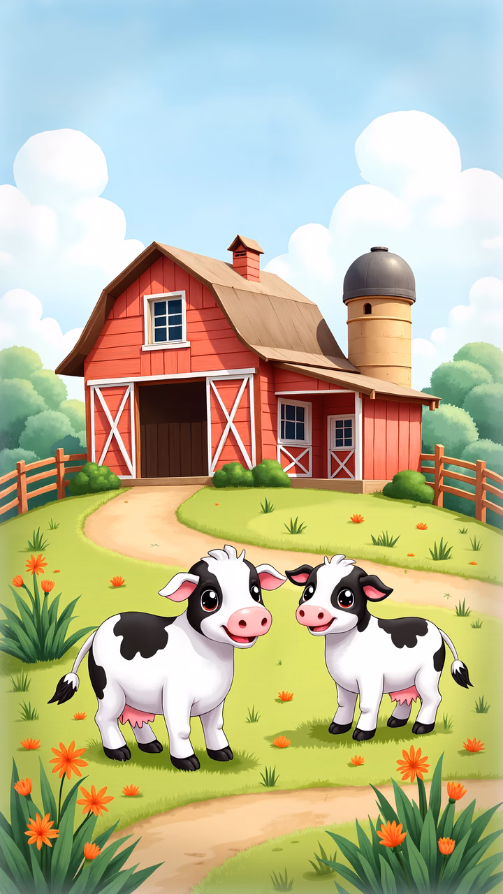 Two cute cows in a colorful farm setting