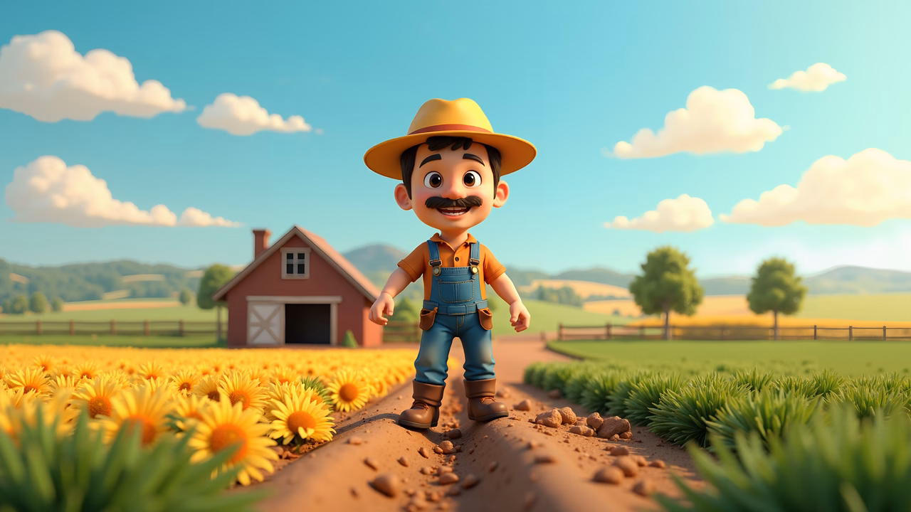 A happy cartoon farmer amidst sunflowers and a picturesque countryside.