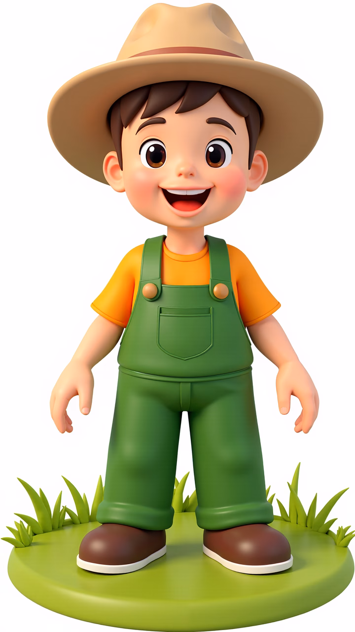 Brightly colored cartoon farmer standing on grass, ideal for children's content.