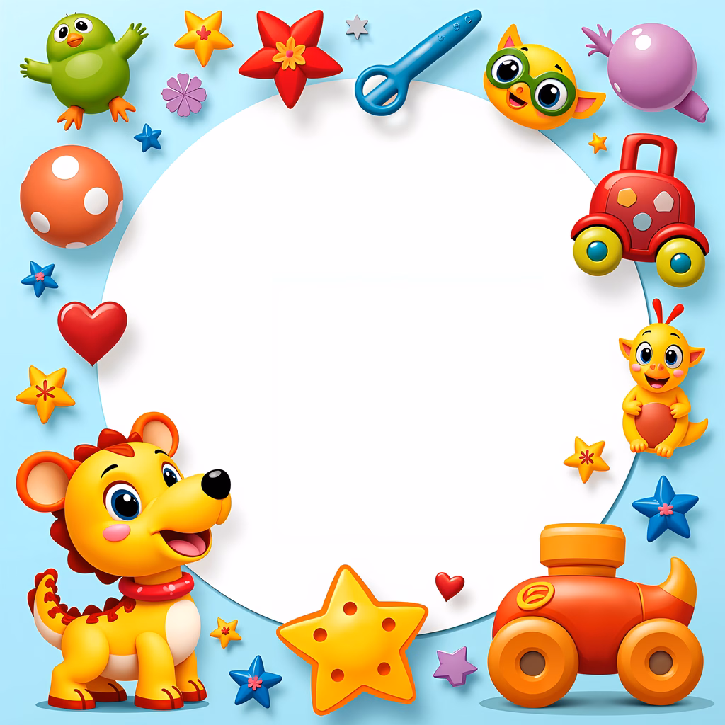 Brightly colored cartoon frame featuring a happy dog and playful toys.