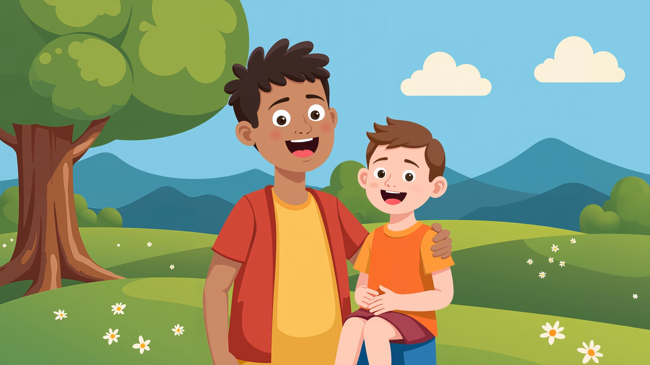 Two smiling children in a bright, pastoral setting, celebrating friendship.