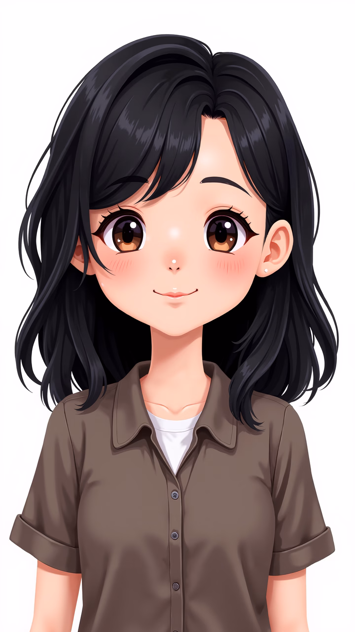 A cute anime-style girl with long black hair and expressive eyes, wearing a brown shirt.