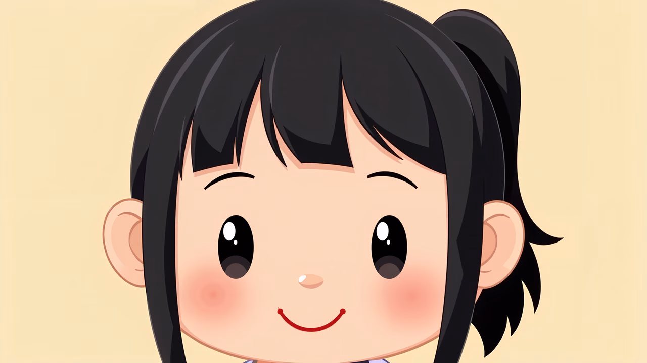 A cute cartoon girl with dark hair and rosy cheeks.