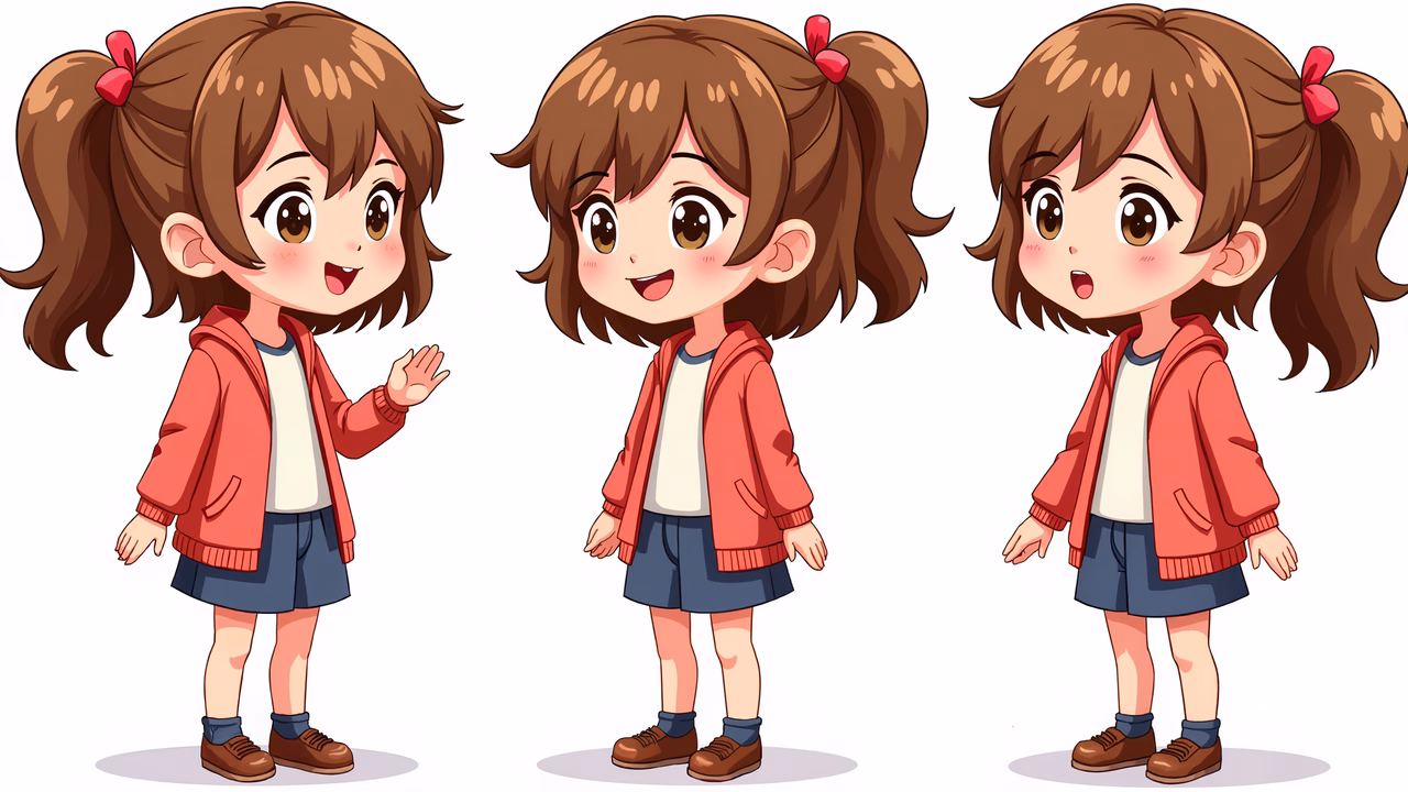 A cute cartoon girl in various cheerful poses, wearing a red hoodie and blue shorts.