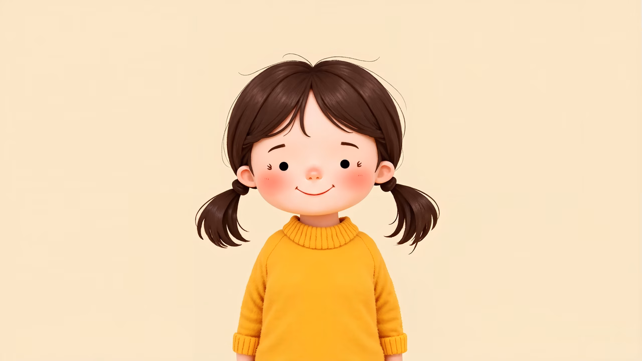 A cute cartoon girl with twin braids and a yellow sweater, radiating joy and innocence.