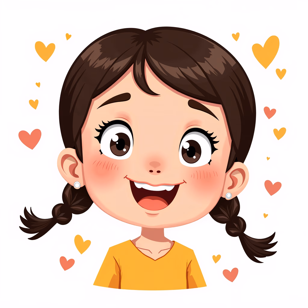 A joyful cartoon girl with heart-filled background.