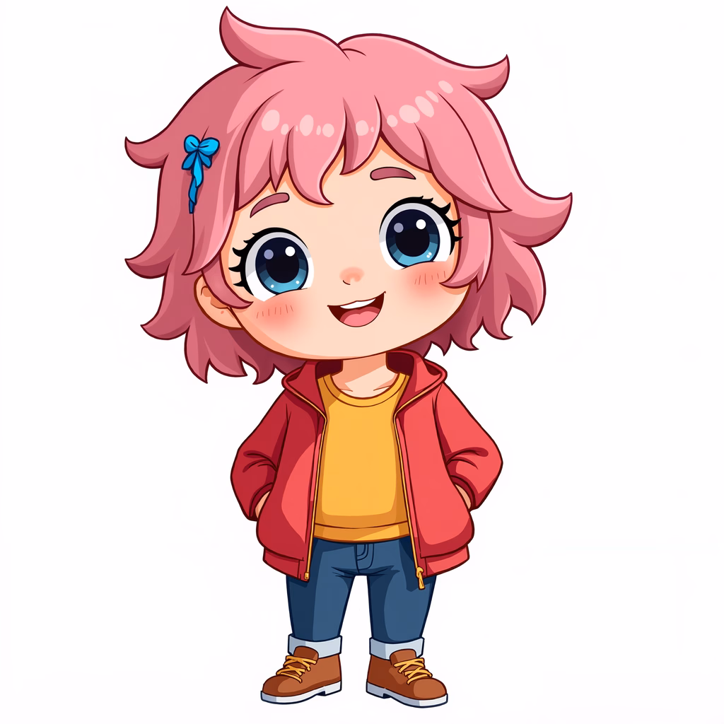 A cute cartoon girl with pink hair and big eyes, dressed in a red jacket and yellow shirt, exuding joy and playfulness.