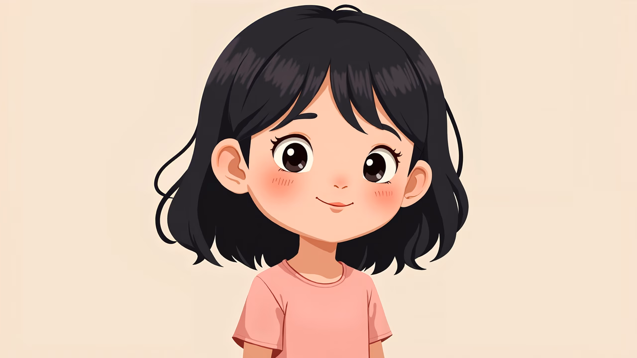 A cute cartoon girl with big eyes and a pink shirt, set against a neutral background.