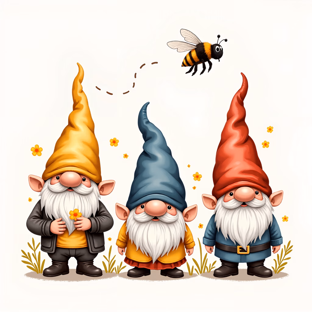 Three cute gnomes with colorful hats and a flying bee in a magical garden.