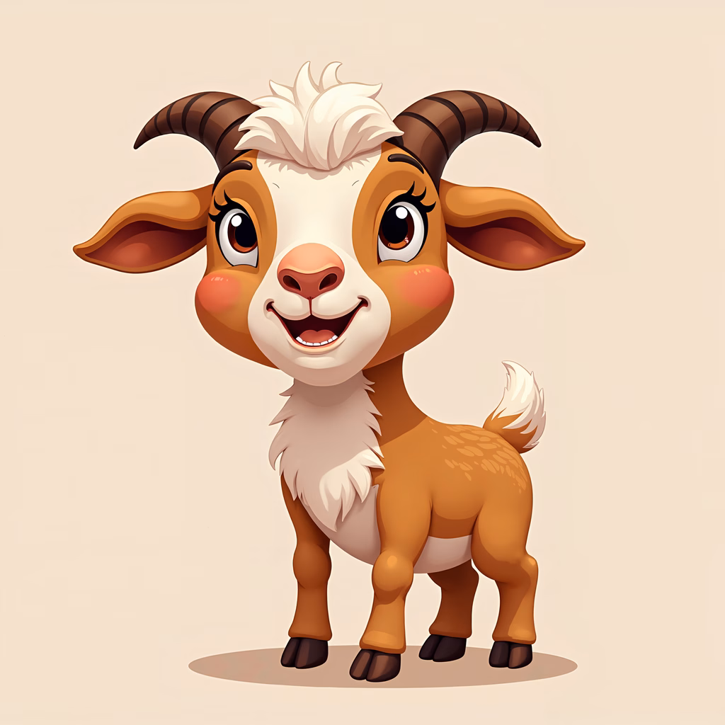 A cute cartoon goat with a friendly expression, ideal for children's art and educational materials.
