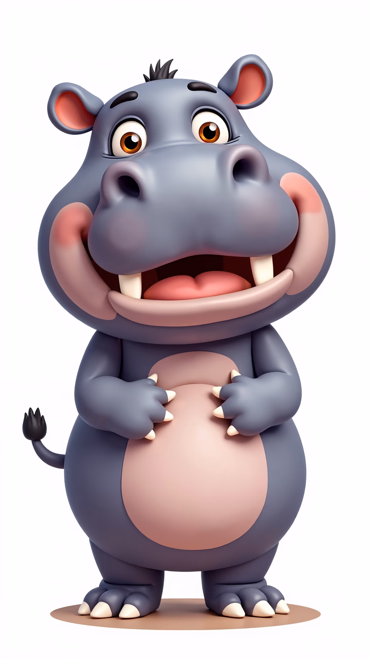 A cheerful cartoon hippo with a big smile and soft purple fur.
