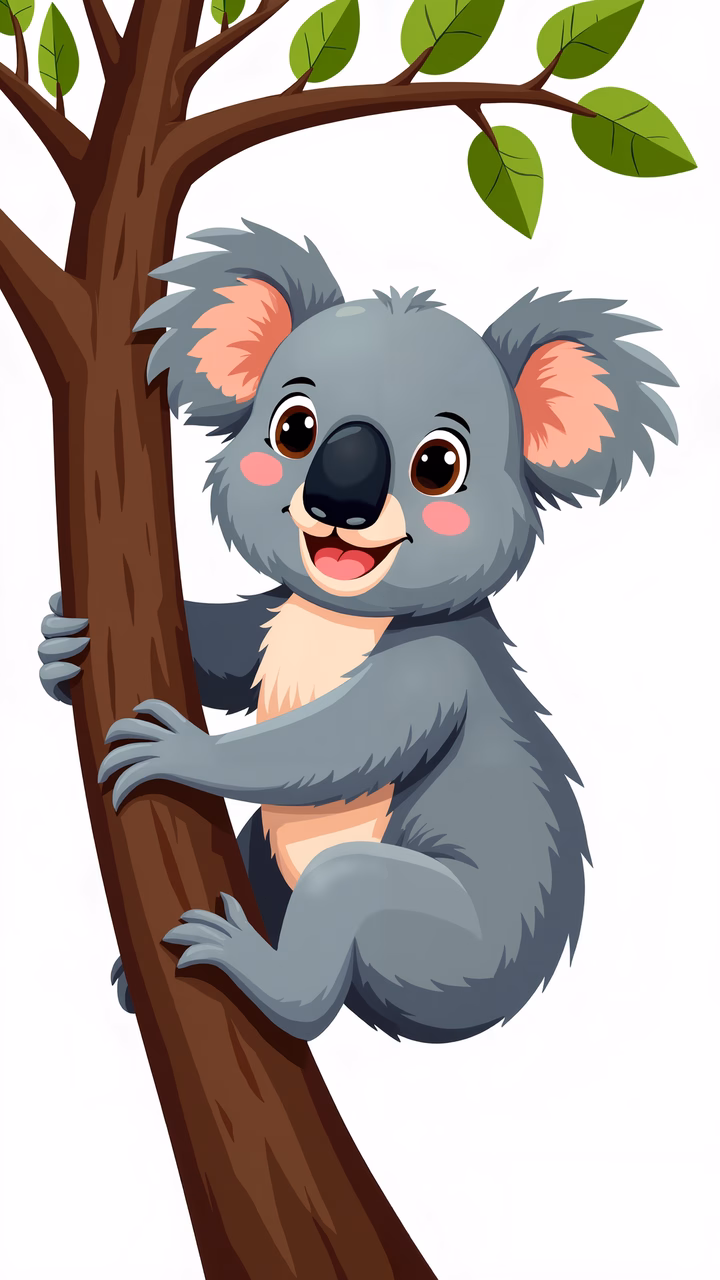 A cute cartoon koala climbing a tree, perfect for children's books and educational materials.