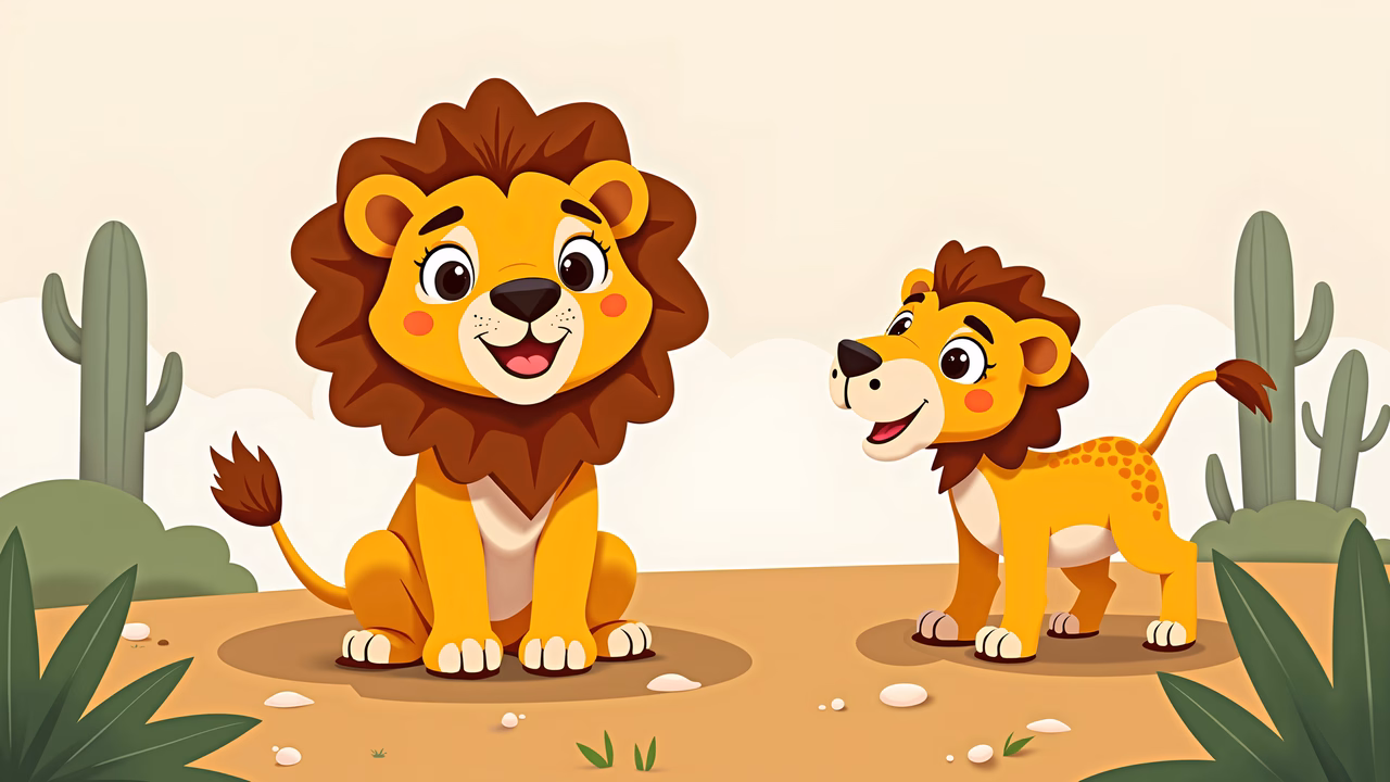 Two cartoon lions in a desert setting, bringing joy and warmth to children's art.