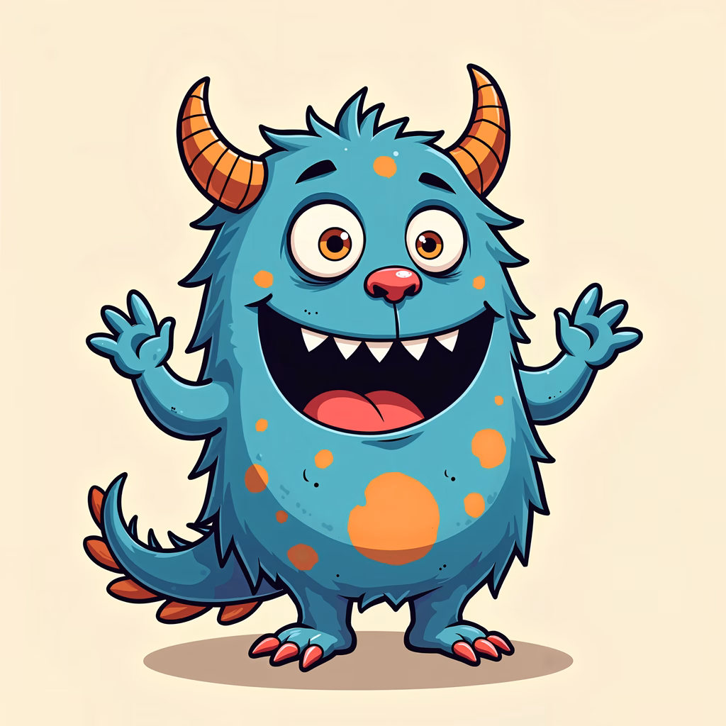 A cute, friendly cartoon monster with blue fur and orange spots, perfect for children's art.