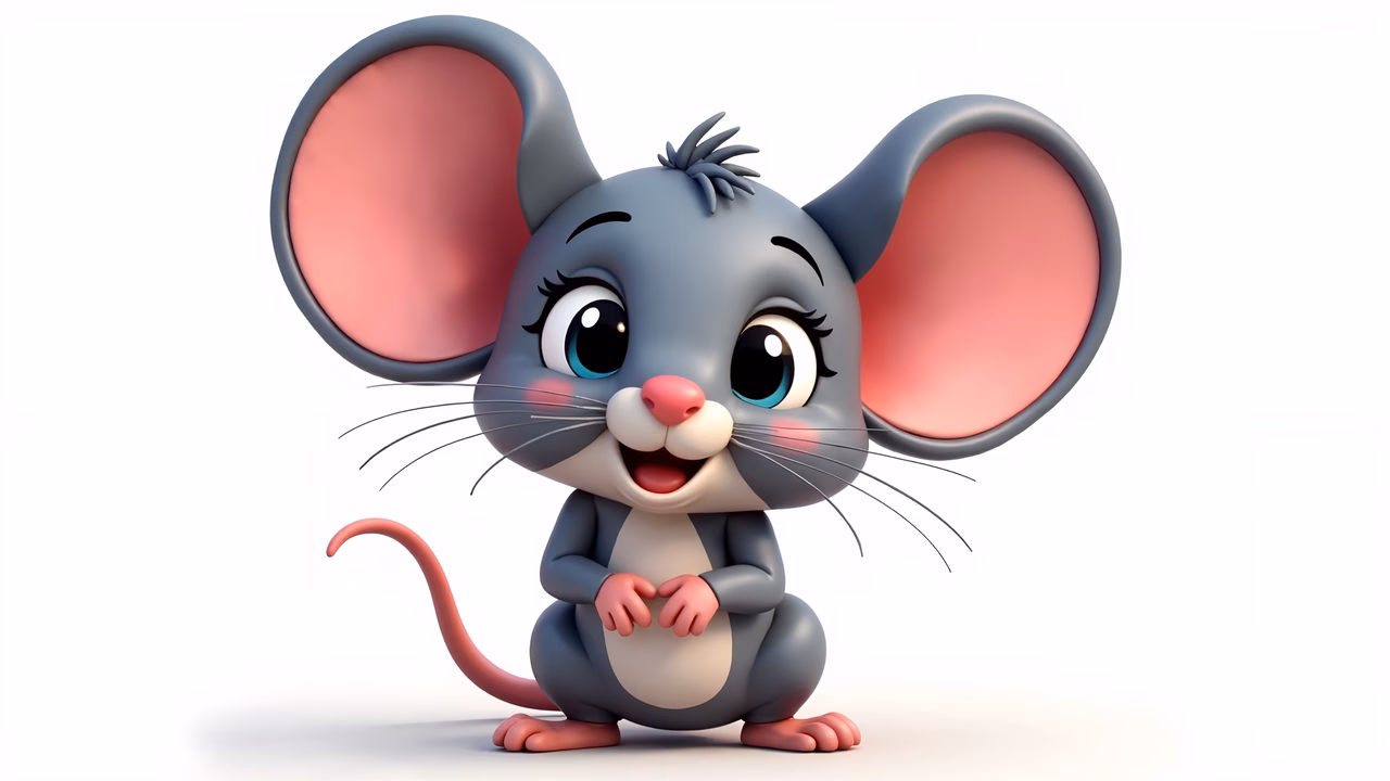 A cute cartoon mouse with big eyes and oversized ears, sitting happily on a white background.