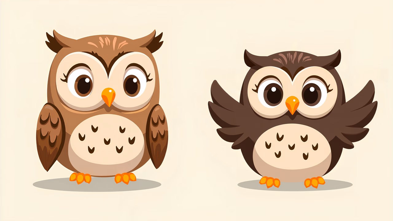 Cute cartoon owls standing together in a cheerful setting.