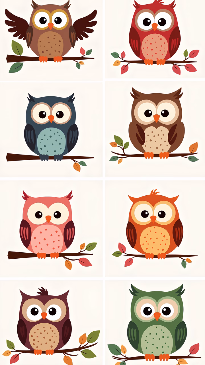 Cute cartoon owls collection with autumn leaves, perfect for kids' decor.