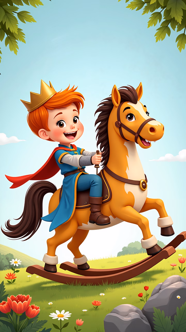 A joyful prince riding a rocking horse in a colorful, pastoral setting.