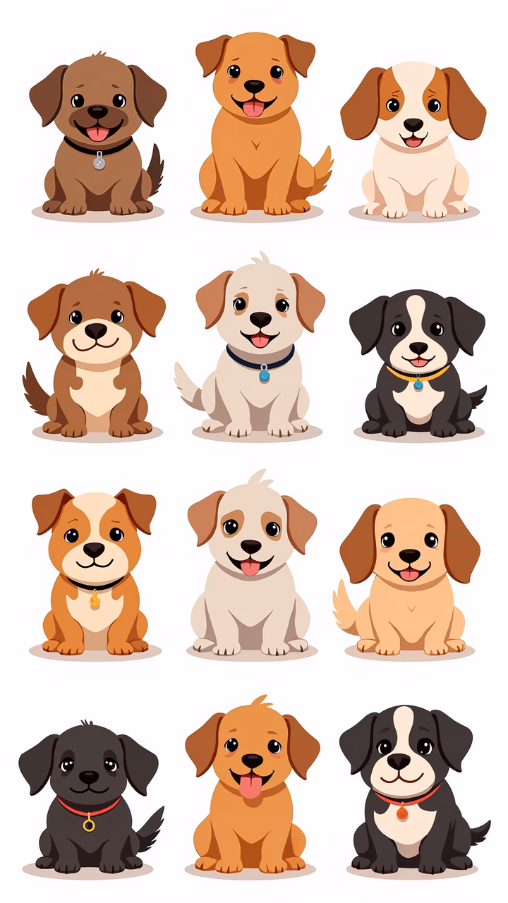 Collection of cartoon puppies in various expressions and fur colors.