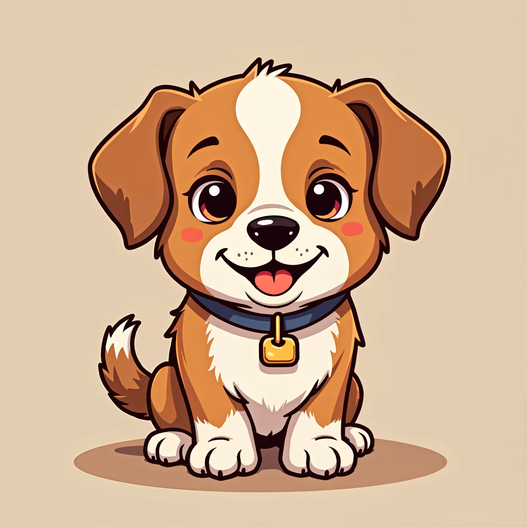 Cute cartoon puppy with big eyes and a happy expression, wearing a collar with a gold tag.