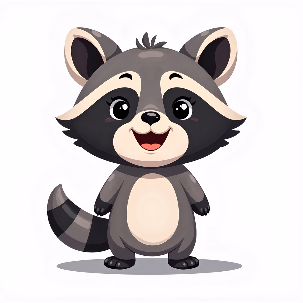 A cute cartoon raccoon with big eyes and a happy expression.