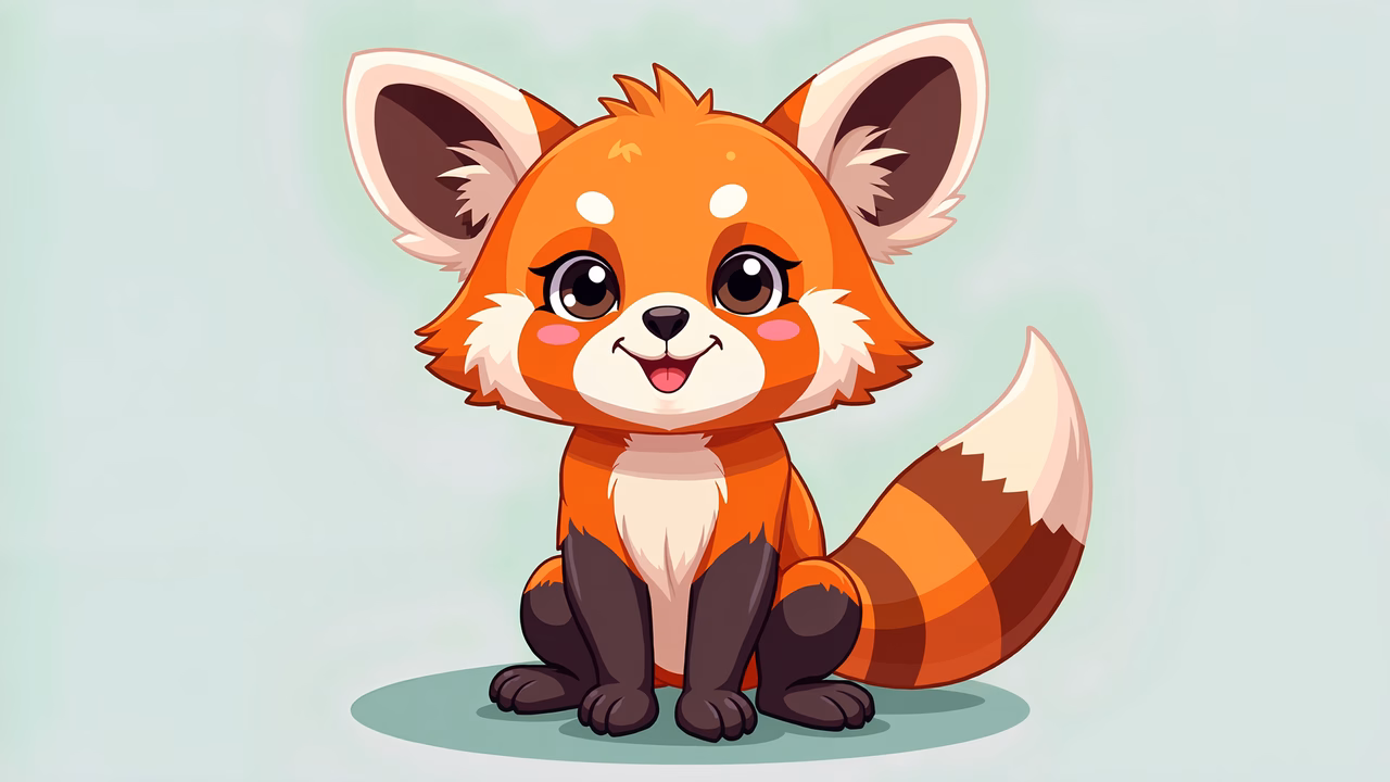Cute cartoon red panda with big eyes and a cheerful smile, set against a pastel green background.