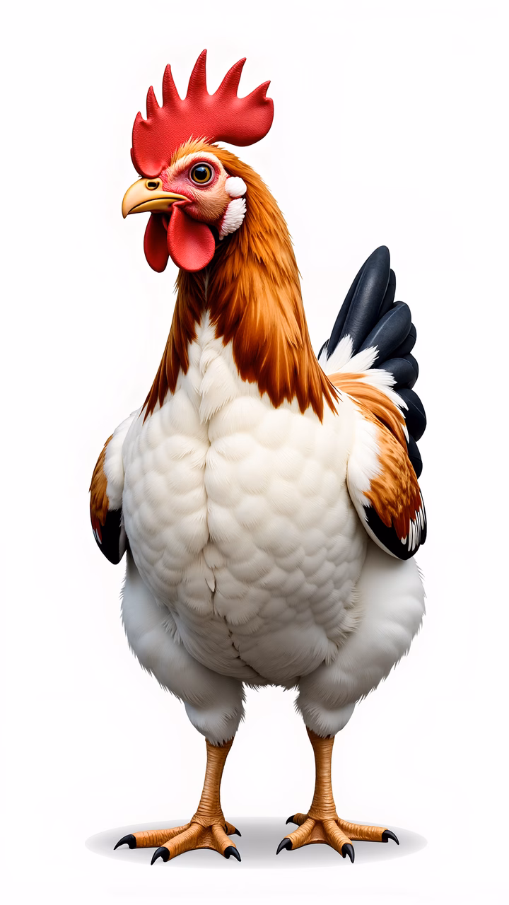 Brightly colored cartoon rooster with striking features on a clean background.