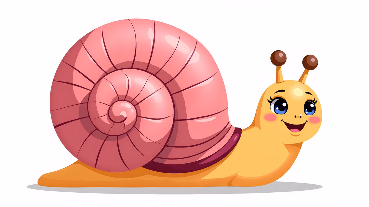 A cute, cartoon-style snail with a pink shell and yellow body, perfect for children's art.