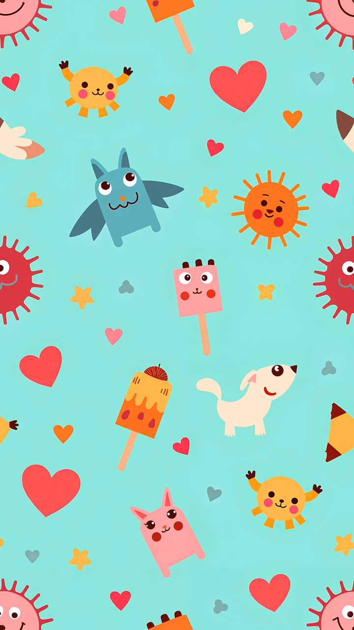 Brightly colored cartoon characters on a turquoise background, perfect for summer fun.