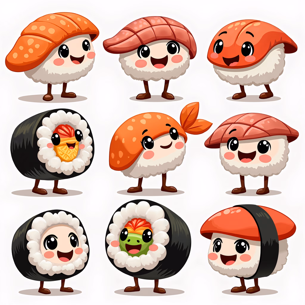Cartoon sushi characters with vibrant colors and friendly expressions.