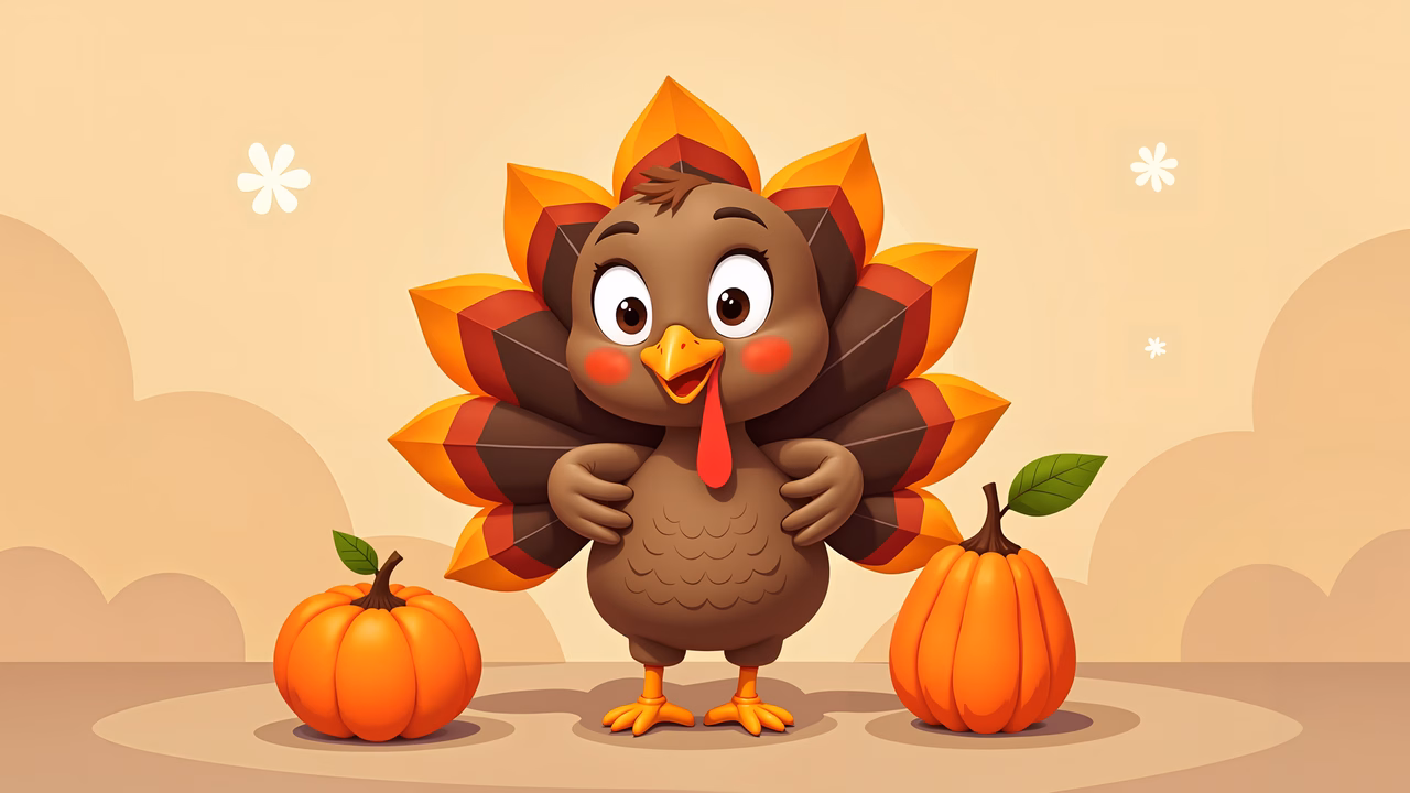 A joyful cartoon turkey surrounded by autumn leaves and pumpkins, celebrating Thanksgiving.