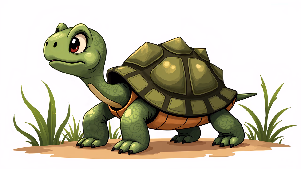 A cute cartoon turtle in a natural setting, perfect for children's books and educational materials.