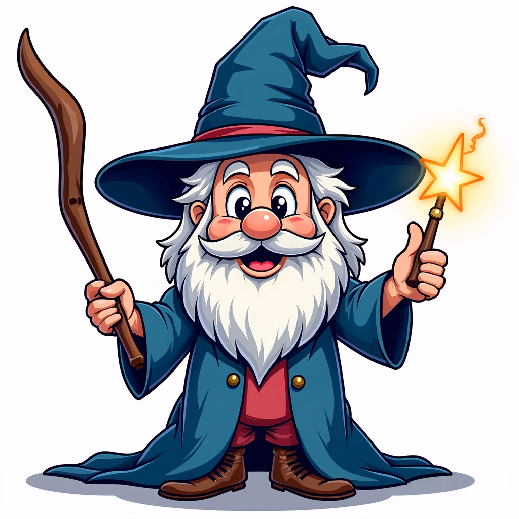 A happy wizard with a wand and a sparkly wand, cartoon style.