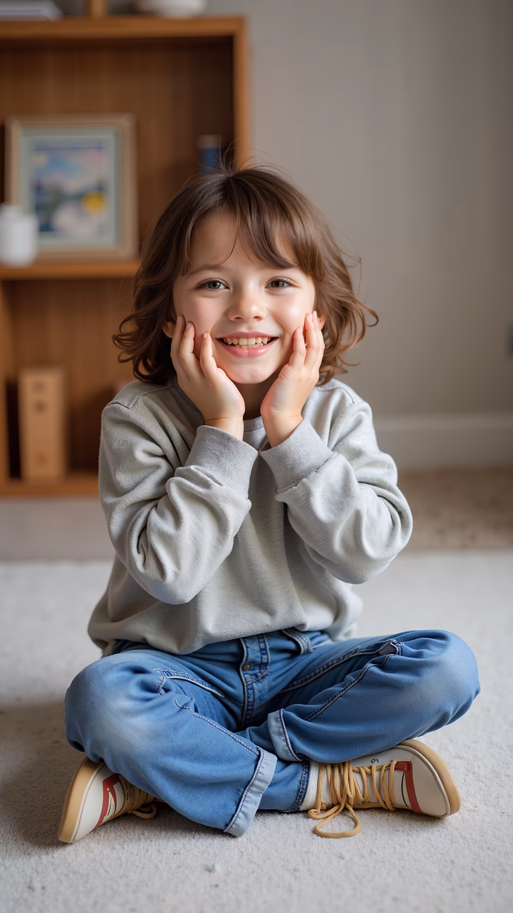 A cheerful child sitting cross-legged, hands touching cheeks, in a cozy, naturally lit room.